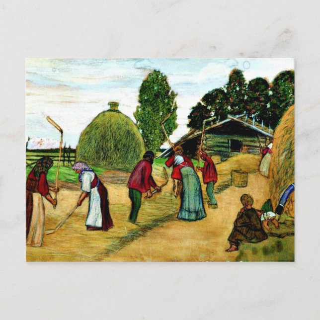 Threshing, painting by Boris Kustodiev Postcard (Front)