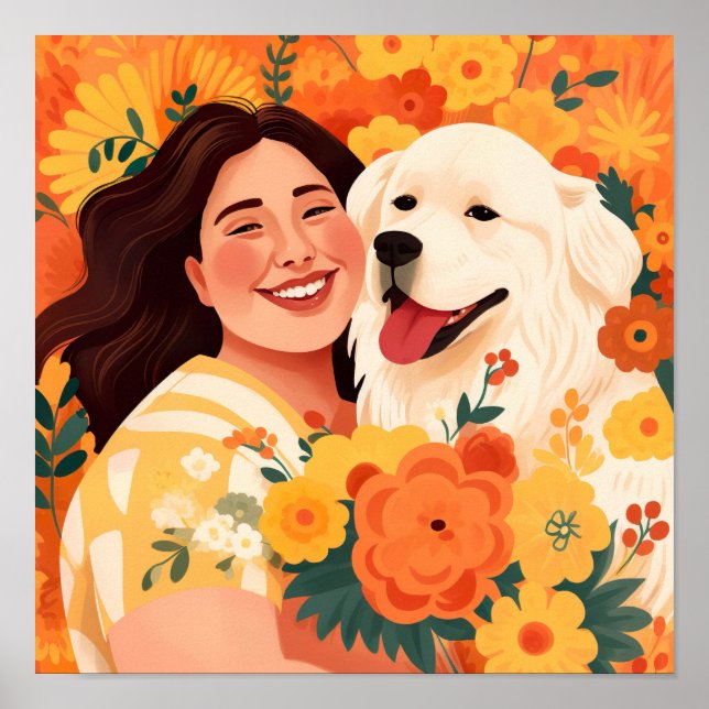 Thriving Woman & Rescue Dog Floral Portrait Poster (Front)