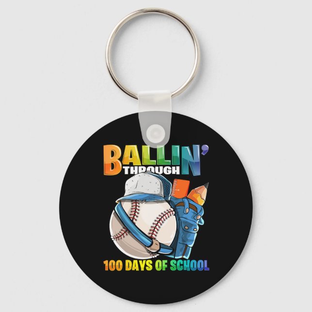 Through 100 Days Of School Baseball Kindergarten B Key Ring (Front)