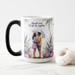 Through Rain & Love – Romantic Couple Mug<br><div class="desc">Celebrate everlasting love with this beautifully illustrated 15 oz ceramic morphing mug featuring a tender scene of a couple kissing under a clear umbrella amidst falling rain and blooming botanical florals. Rendered in soft watercolor style, this romantic design showcases delicate hydrangeas, lavender sprigs, and lush green ferns, surrounding the couple...</div>