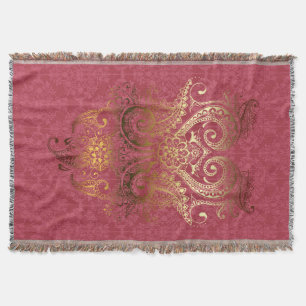 Throw Blanket Gold Indian Ornament Damask fuchsia