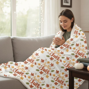 Throw Blanket with Hello Fall Pattern and Autumn