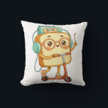 Throw Pillow<br><div class="desc">A cute bread character enjoying a fun scooter ride while listening to music. With retro vibes,  big headphones,  and a cheerful mood,  this charming illustration captures a carefree moment full of joy and positivity.</div>