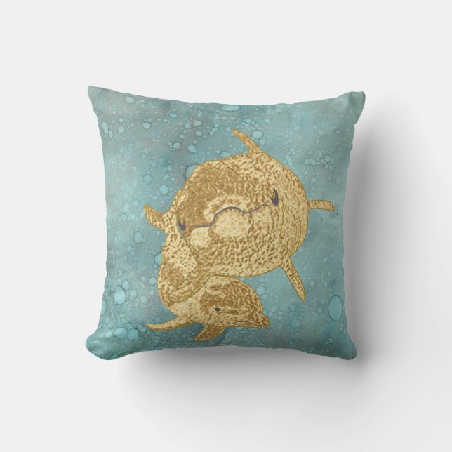 Throw Pillow 16" Square Gold Dolphins (Front)