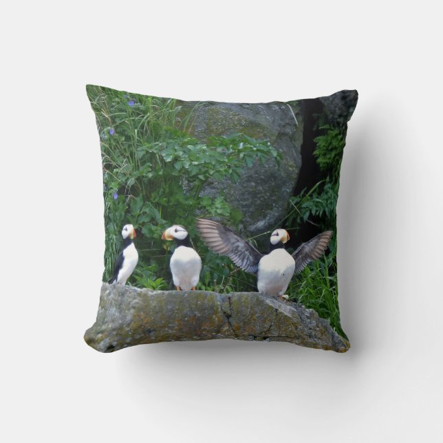 Throw Pillow 16" x 16" w/ puffins (Front)