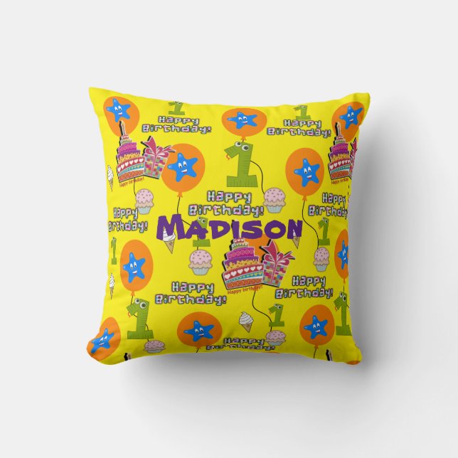 Throw Pillow, #1 First Birthday Yellow Cushion (Front)