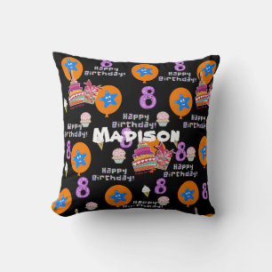 Throw Pillow, #8 Happy 8th Birthday Black Cushion