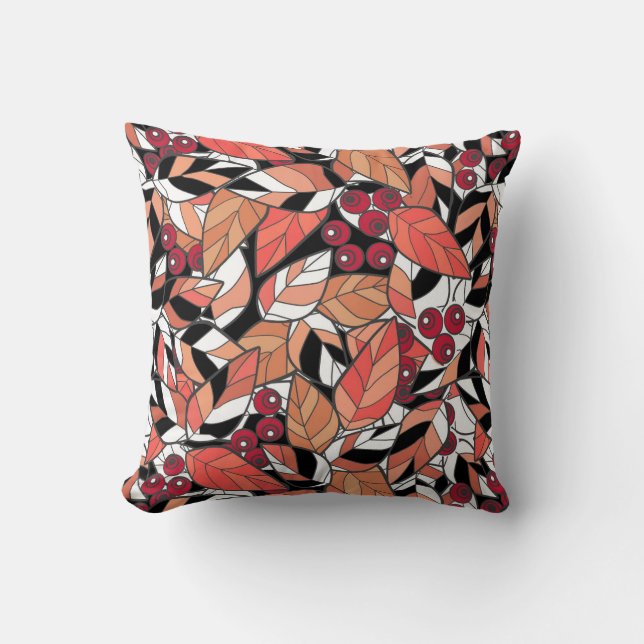 Throw Pillow Abstract cartoon leaves berries black (Front)