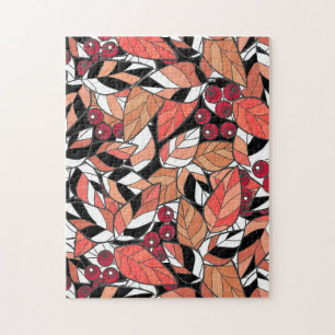Throw Pillow Abstract cartoon leaves berries black Jigsaw Puzzle