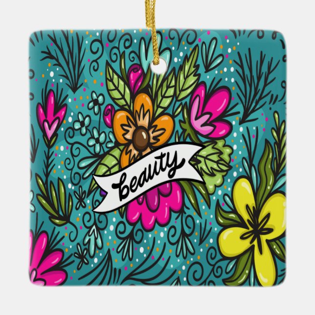Throw Pillow Beauty with Flowers Ceramic Ornament (Front)