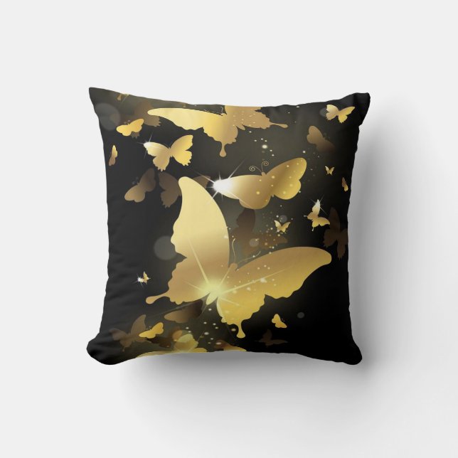 Throw Pillow/Black with Gold Butterflies Cushion (Front)