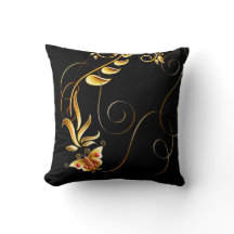Throw Pillow/Black with Gold Swirls and Butterfly
