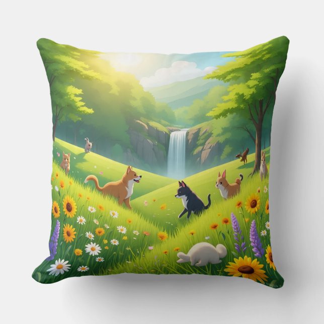 Throw Pillow Blooming Green Fields & Waterfall Ser (Front)