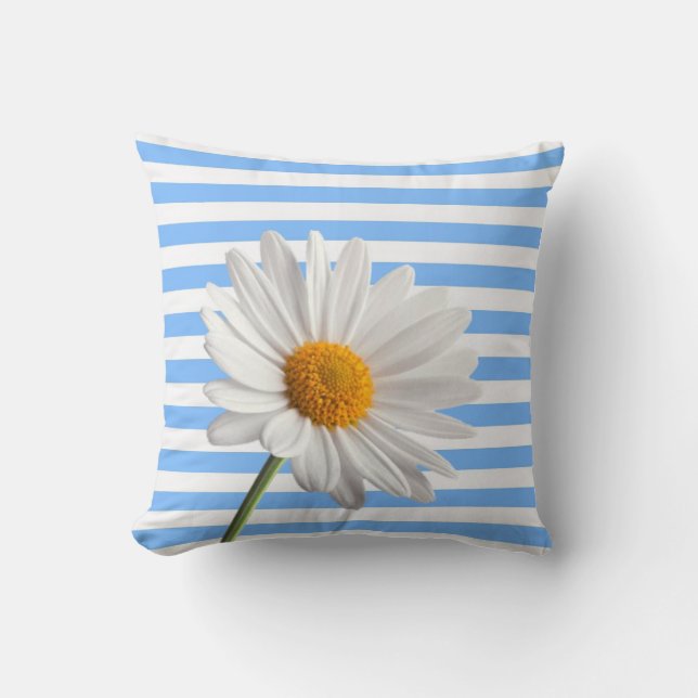 Throw Pillow Blue and White Stripe White Daisy (Front)