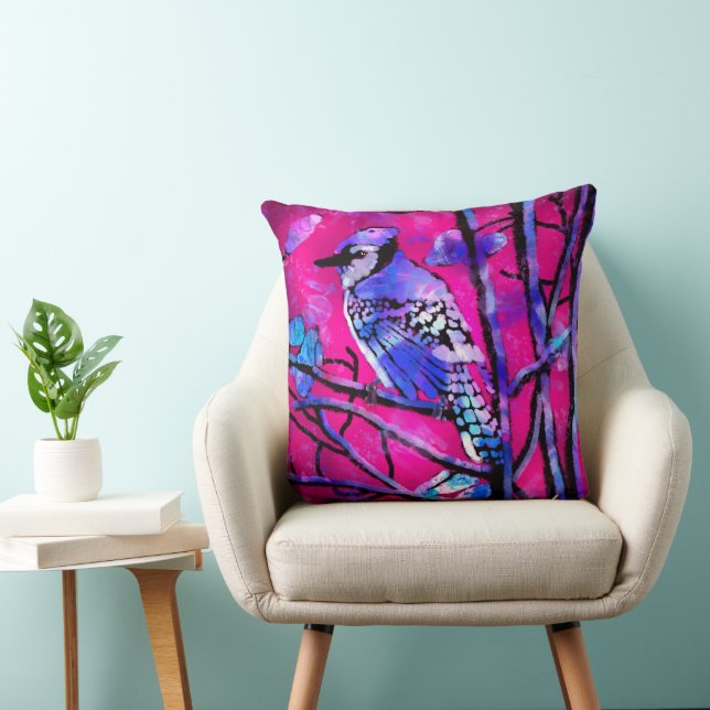 Throw Pillow Blue Jay Whimsical Abstract Pink  (Chair)