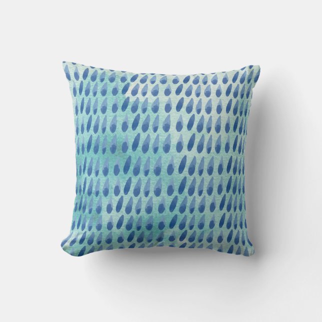 Throw Pillow Blue Raindrops Watercolor (Front)