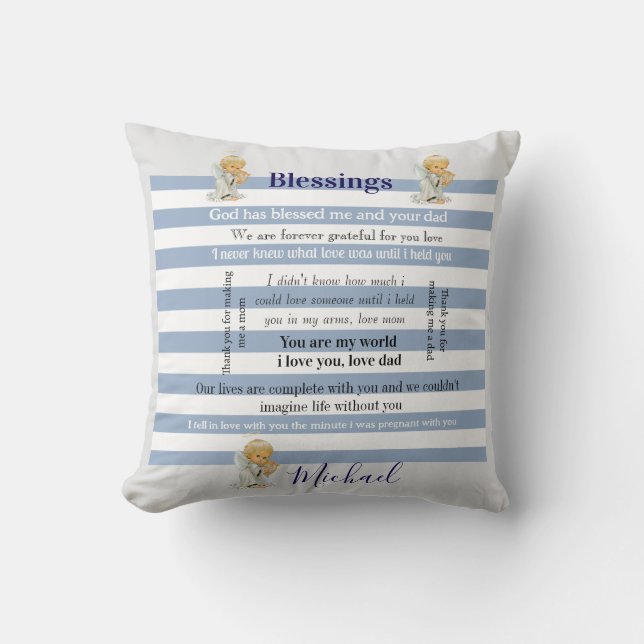 Throw Pillow Blue & White Stripe Blessings  (Front)