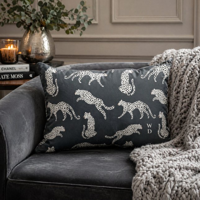Throw Pillow | Cheetah Pattern Lumbar Pillow (A stylish cheetah pattern throw pillow with fashion led appeal and monogram initials.)