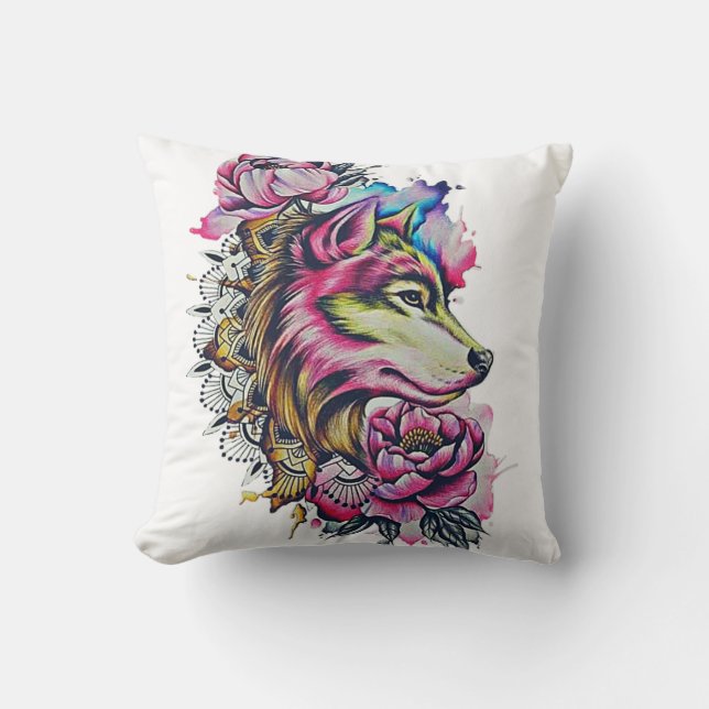 Throw Pillow | colourful wolf pillow  (Front)