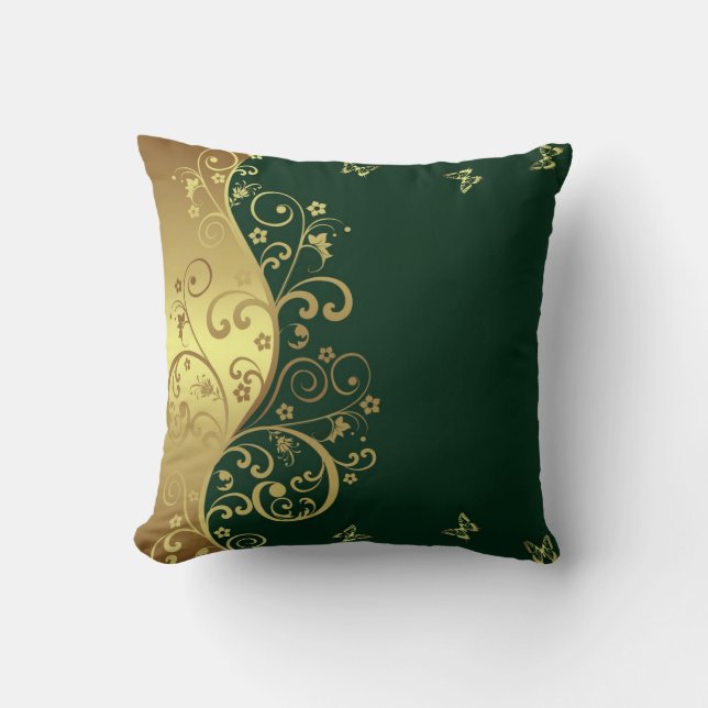 Throw Pillow--Dark Green & Gold Swirls Cushion (Front)