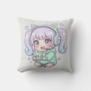 Throw Pillow - Enthusiastic Chibi Gamer Girl