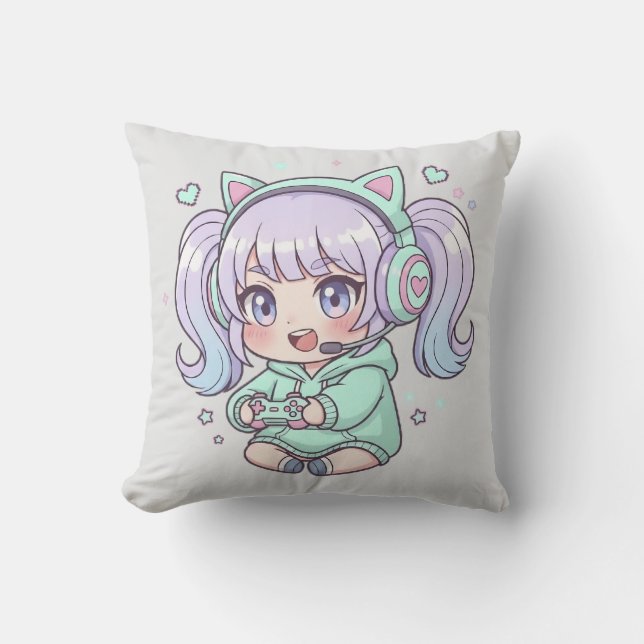 Throw Pillow - Enthusiastic Chibi Gamer Girl (Front)