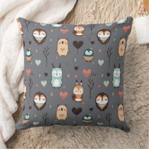 Throw Pillow features a cute illustration.