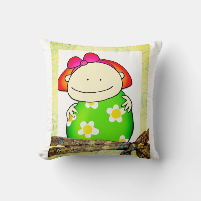 Throw Pillow Girl Green Yellow Flowers (Front)