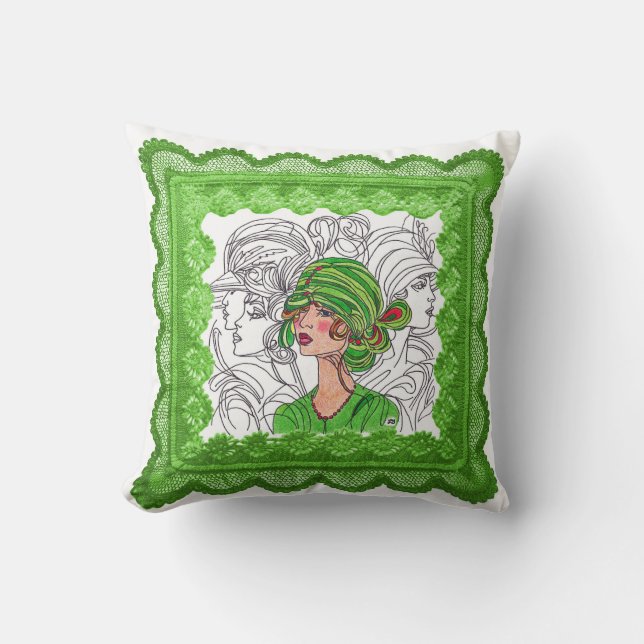 Throw Pillow Green Flapper Girl (Front)