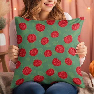 Throw Pillow, Green With Red Roses. Throw Pillow