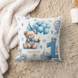 Throw Pillow, Happy 1st. Birthday Teddy Bear Blue Cushion