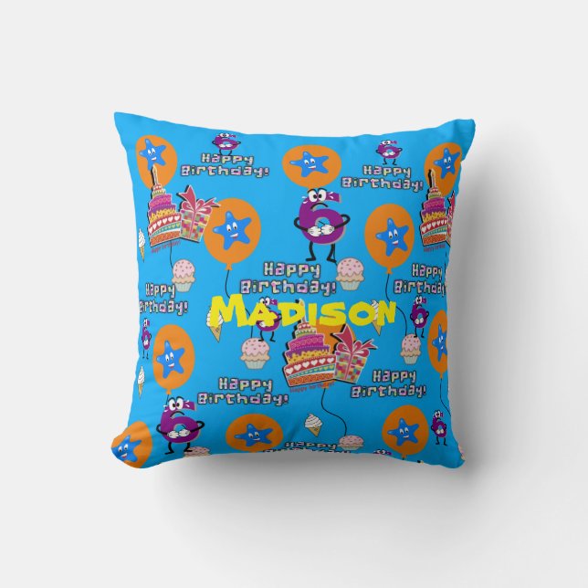 Throw Pillow, Happy 6th Birthday Blue Cushion (Front)