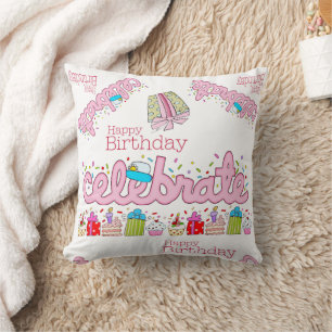 Throw Pillow, Happy Birthday Celebrate Pink Cushion