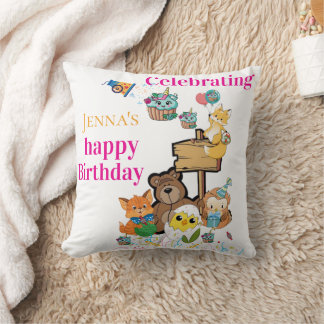 Throw Pillow, Happy Birthday Fox Bird Chick Cat Cushion