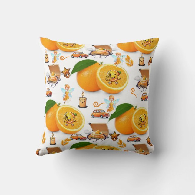 Throw Pillow, Happy Birthday Oranges Cake Fairy  Cushion (Back)