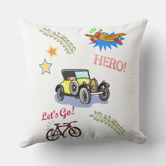 Throw Pillow Hero Bicycle Car Aeroplane  (Back)