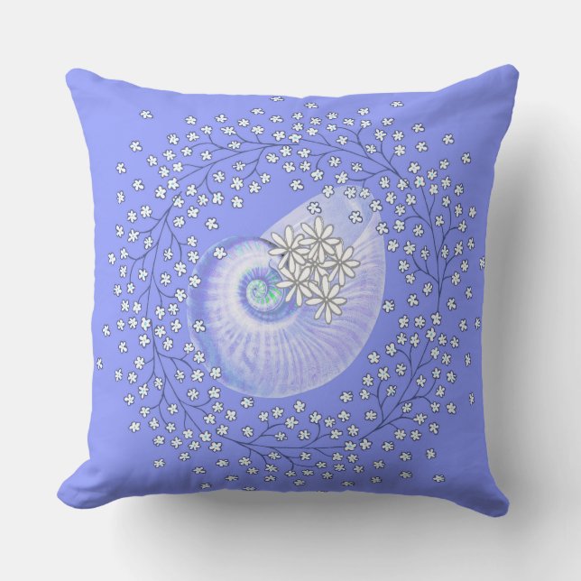 Throw Pillow in Blue Shell & Daisy Design (Front)
