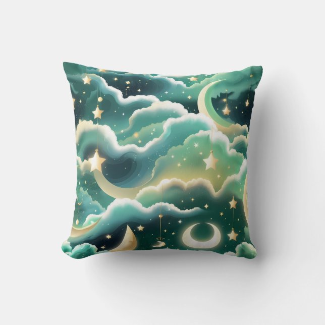 Throw Pillow – Luxury Mint Green Celestial Moon (Front)