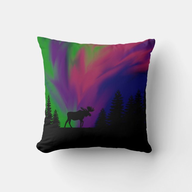 Throw Pillow Northern Lights & Moose (Front)