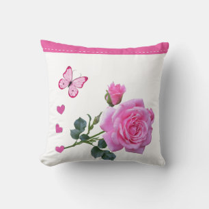 Throw Pillow Pink Rose Floral Butterfly Hearts