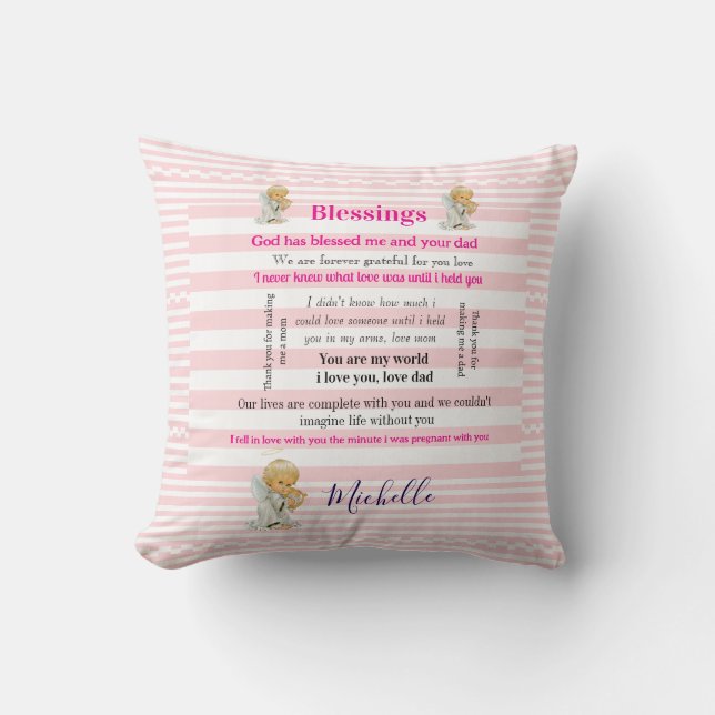 Throw Pillow Pink & White Stripe Blessings  (Front)