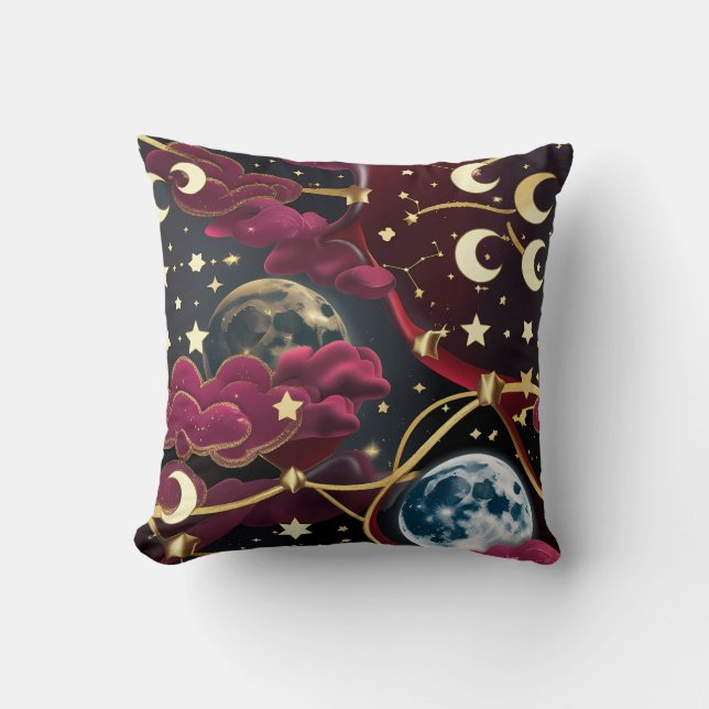 Throw Pillow – Red Celestial Moon Design (Front)