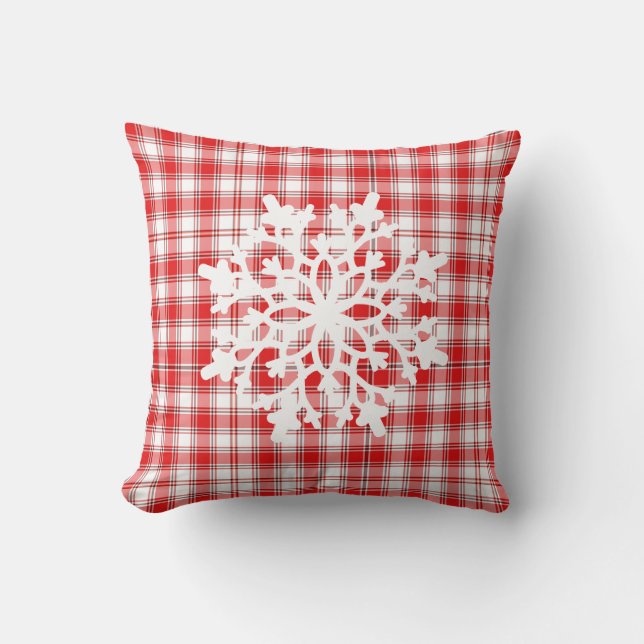 Throw Pillow-Red Plaid Snowflake Cushion (Front)