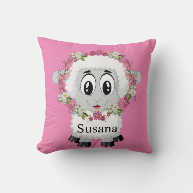 Throw Pillow Sheep Floral Pink (Front)