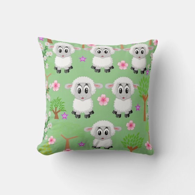 Throw Pillow Sheep Floral Trees Green (Front)