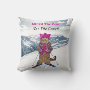 Throw Pillow, Shred the Pow Ski Cat Cushion
