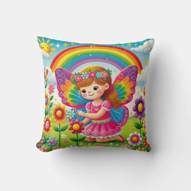 THROW PILLOW "SMILING FAIRY PICKING FOWERS" (Front)