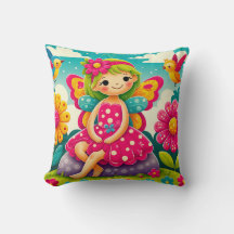 THROW PILLOW "SMILING FAIRY with BIRDS"