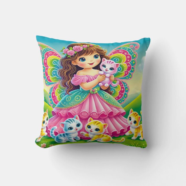 THROW PILLOW "SMILING FAIRY with KITTENS" (Front)
