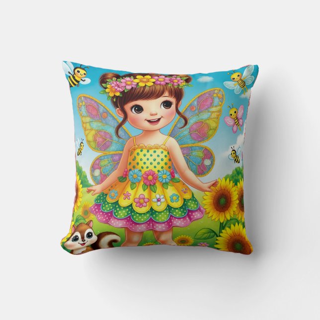 THROW PILLOW "SMILING FAIRY WITH SUNFLOWERS" (Front)